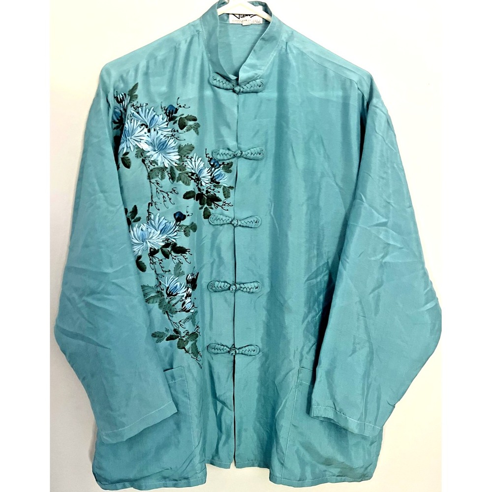 Vietsille Jacket Womens Small Teal Mandarin Collar Frog Closures Floral Print